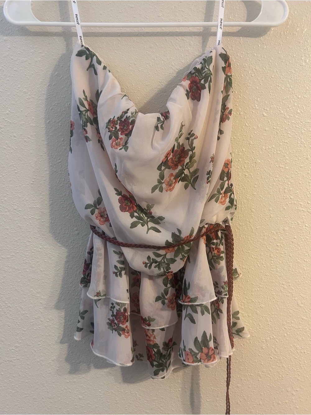 Papaya Floral Chiffon Ruffle Tube Top, Cream with Pink & Green, Size Medium NWT